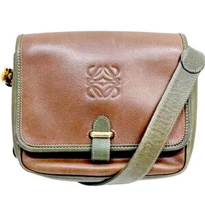 Vintage LOEWE Brown and Green Leather Single Flap Crossbody Shoulder Bag
